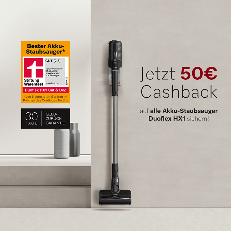 Werbeanzeige für den Akku-Staubsauger Duoflex HX1 mit 50 € Cashback, Stiftung-Warentest-Siegel und 30 Tage Geld-zurück-Garantie.