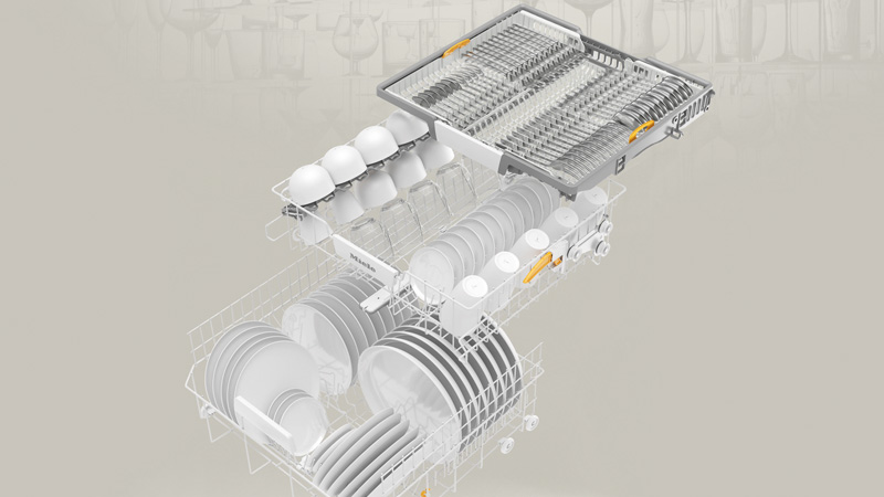 Visualisierung eines voll beladenen Geschirrkorbsystems mit drei Ebenen in einer Spülmaschine, inklusive Besteckschublade oben.