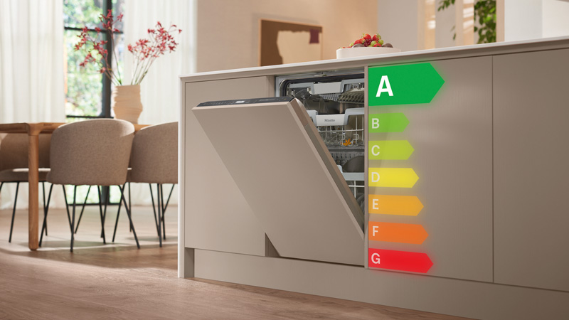 Geöffneter Miele Geschirrspüler mit Energieeffizienzklasse A in moderner Küche; daneben Text „Kompromisslos effizient – Die neuen Miele Geschirrspüler“.