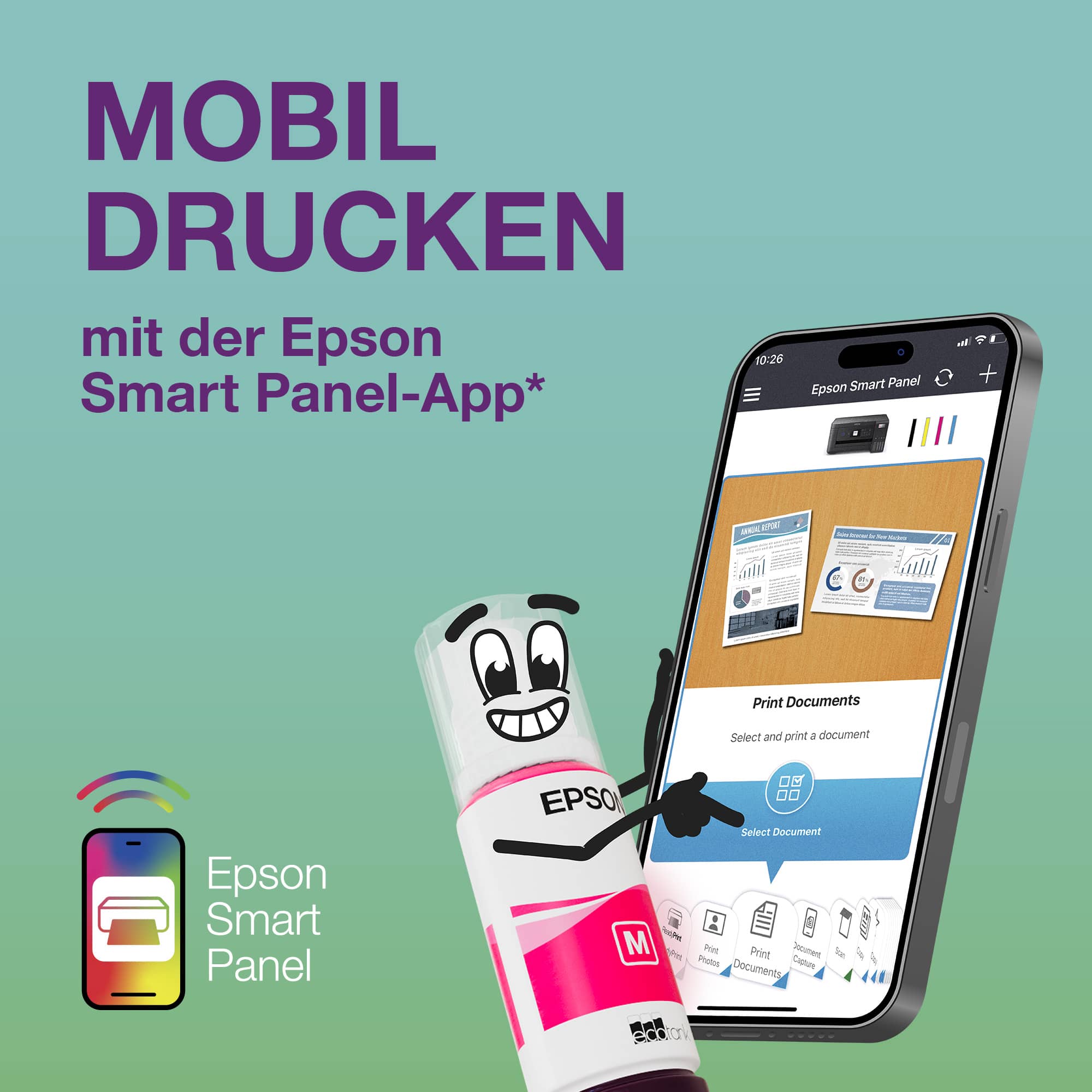 Eine Epson Tintenflasche swiped auf einem Smartphone. Daneben steht